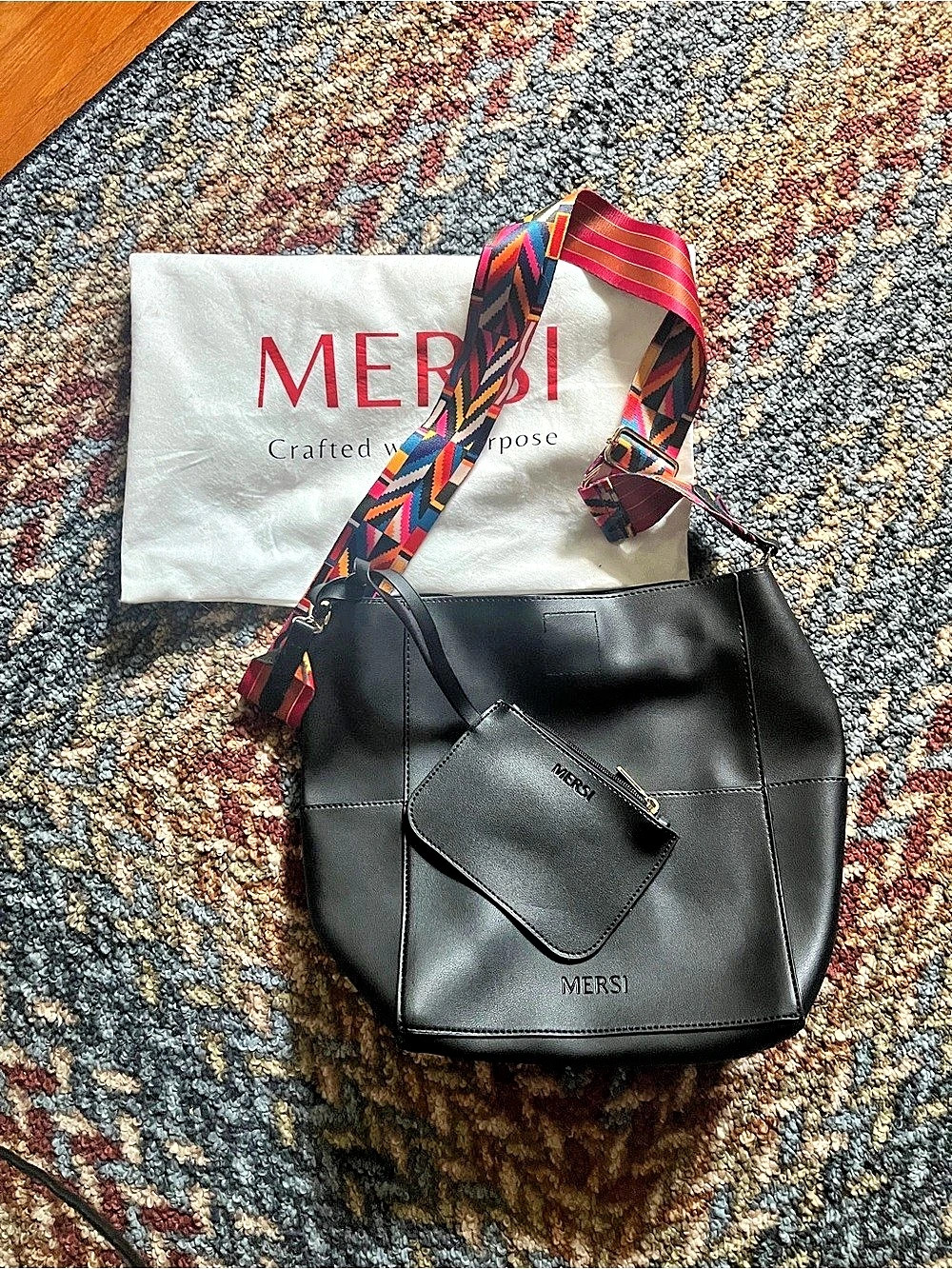 MERSI Geometric Black & Multicolor Tote with Strap and Pouch